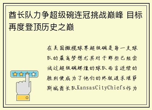 酋长队力争超级碗连冠挑战巅峰 目标再度登顶历史之巅