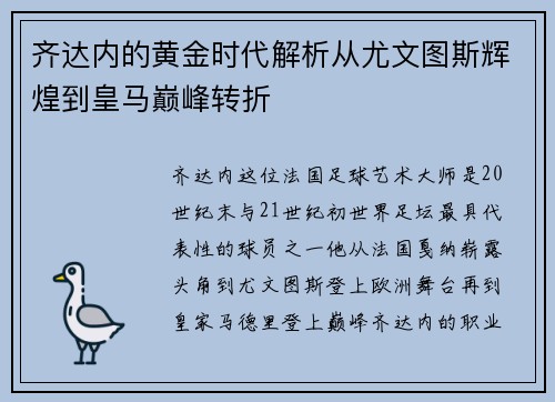 齐达内的黄金时代解析从尤文图斯辉煌到皇马巅峰转折 齐达内的黄金时代解析从尤文图斯辉煌到皇马巅峰转折